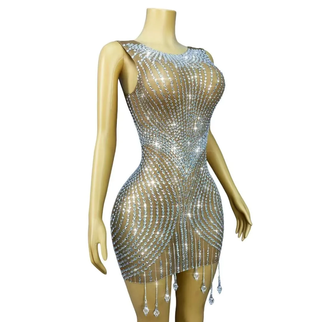 مثير وميض بلورات سلاسل المعلقات تقليم صالح فستان شبكي عيد ميلاد احتفال فساتين السهرة السجادة الحمراء تظهر المرحلة ارتداء