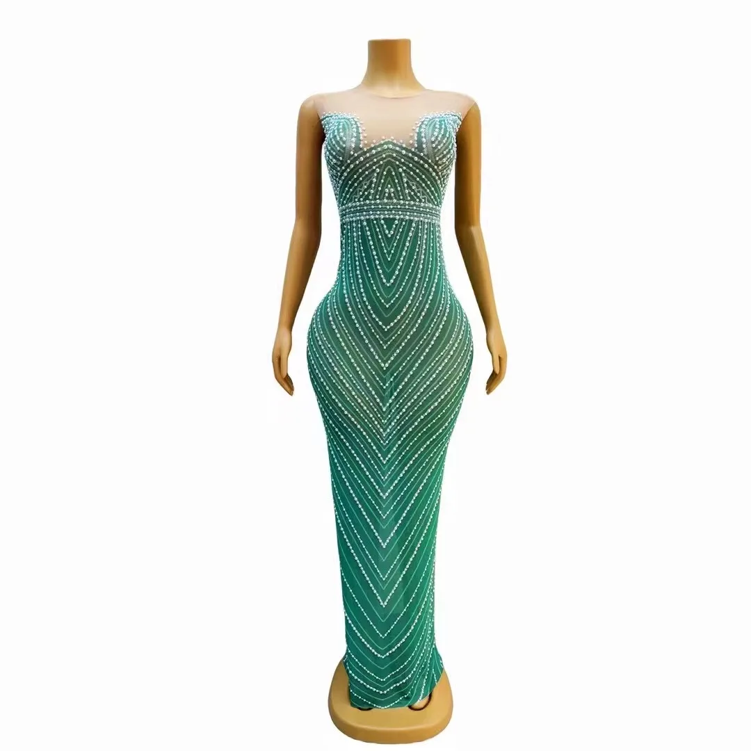 New Designed Green Mesh Pearls Sleeveless Stretch Dress Evening Birthday Celebrate Costume Prom Party Show Photo Shoot Dress