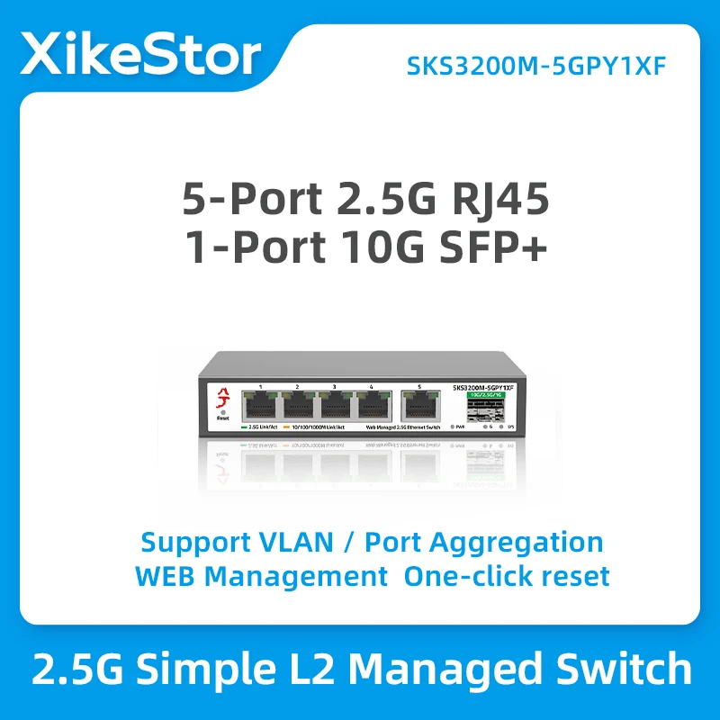 

XikeStor 2.5G Simple L2 Managed Switch 5-Port 2.5G RJ45 1-Port 10G SFP+ Ethernet Switch Support VLAN/ Port Aggregation/ LACP