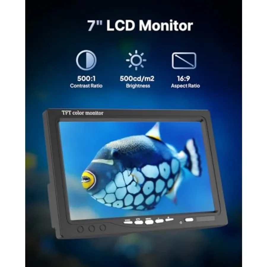 Underwater Fishing Camera for ice fishing, lake, and boat use; PVC housing, black color; 1000TVL resolution, 7-inch LCD monitor