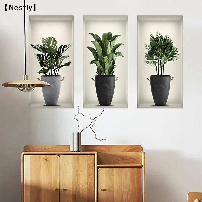 3 Sheets Green Plant Potted Plant Wall Sticker 3D False Window Wall Sticker Vinyl Living Room Background Decora Wall Decal〔Nest〕