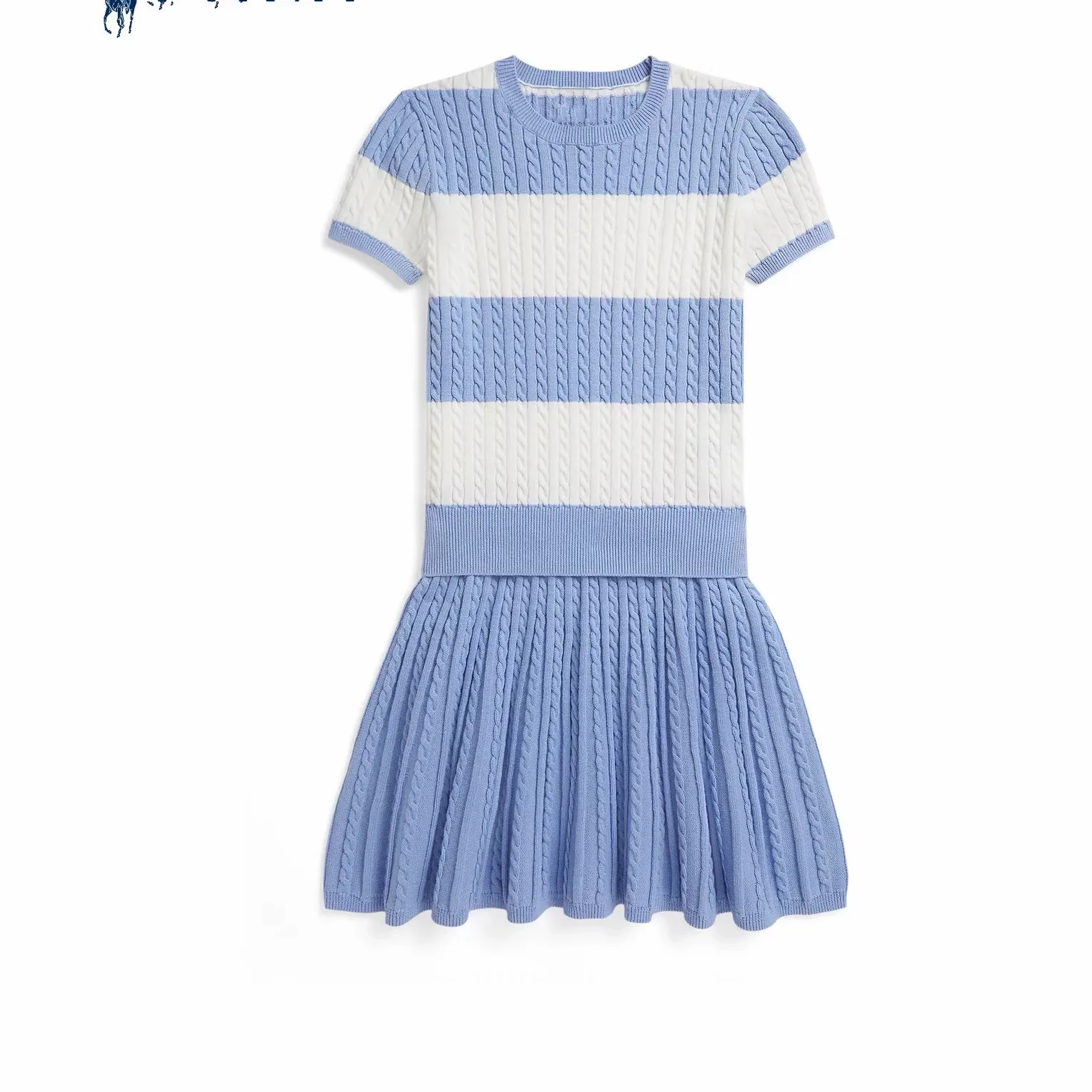 Girl's 2Pcs Striped Cable Knit Set, Short Sleeve Top + Pleated Skirt Outfit, Kids Preppy Spring Summer Clothes 2026