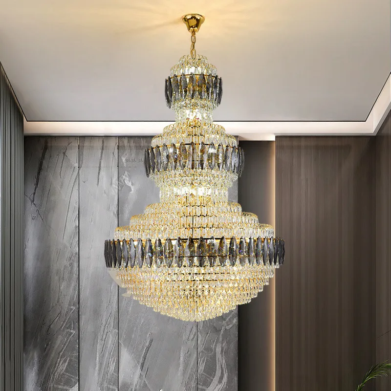 

Duplex living room, high ceiling, duplex villa, spiral stairwell, long chandelier, luxury crystal chandelier