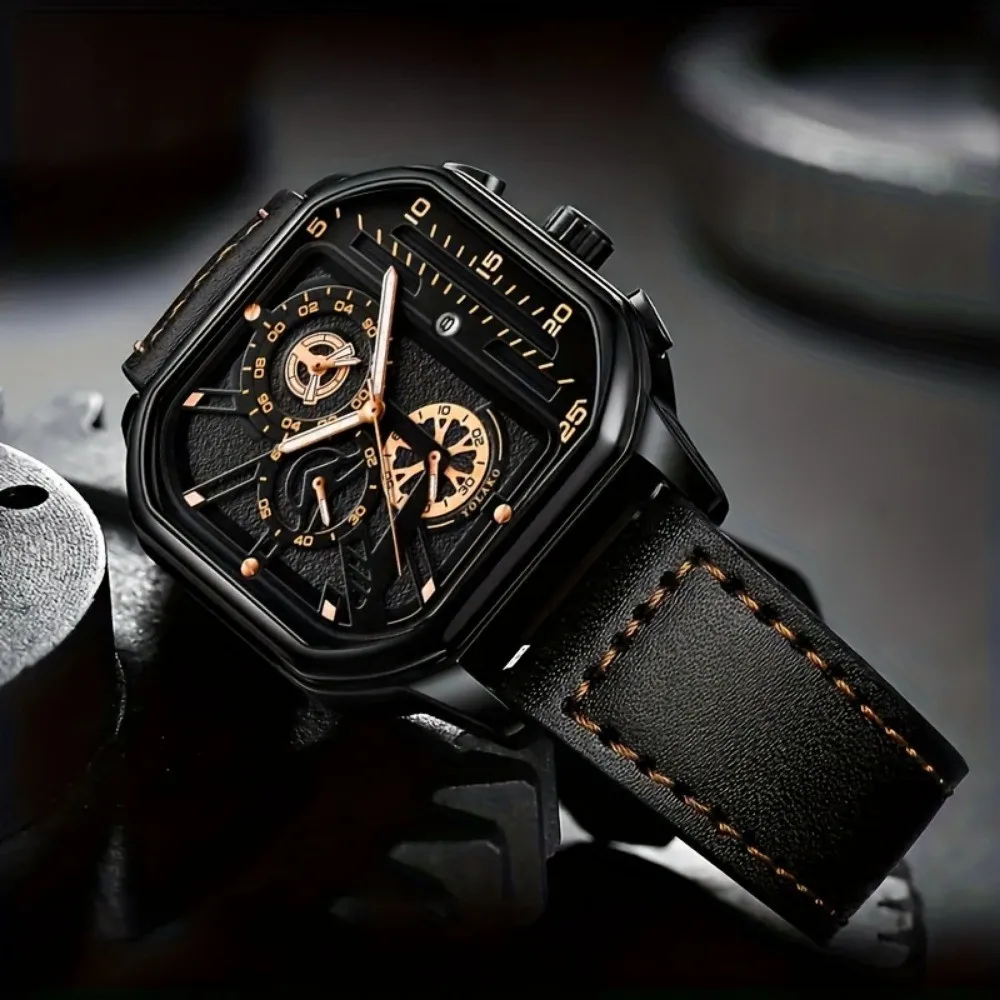 Luxury Big Dial Men Square Watch Casual PU Leather Strap Men Sports Watches