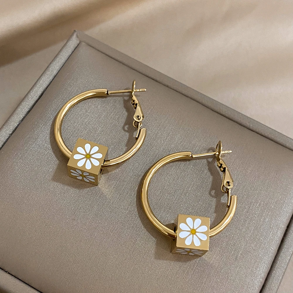 DODOHAO Square Cube Flower Pendant Circle Hoop Earrings for Women Luxury Stainless Steel Earring 2023 Trend Wedding Jewelry