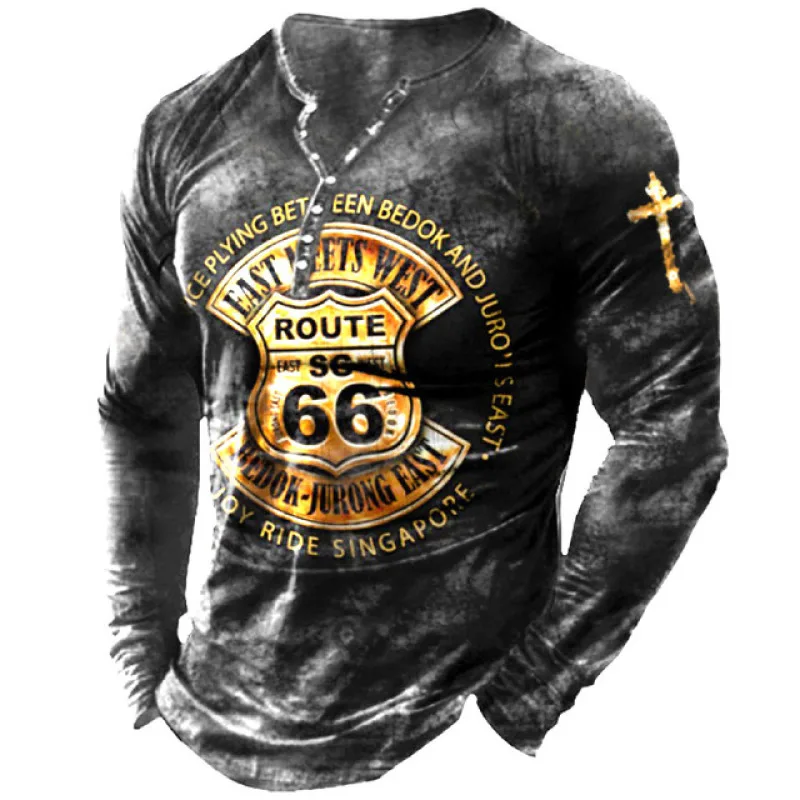 Vintage T-shirt For Men Cotton Tee Route 66 Graphic T Shirts 3D Printing Long Sleeve Tees V-Neck Oversized  Men's Clothing Tops