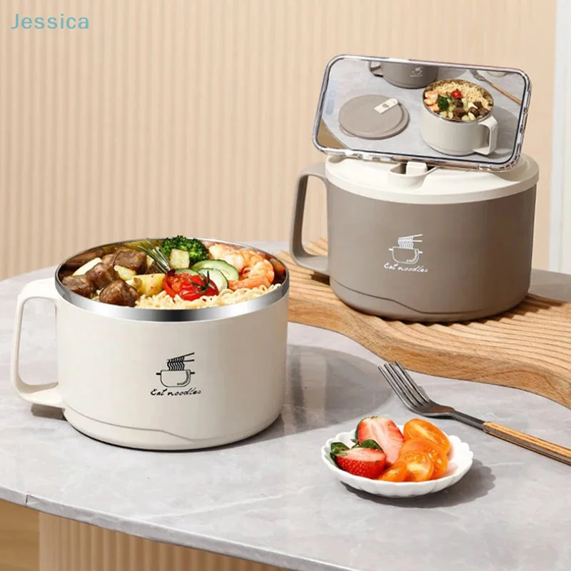 ♥Stainless Steel Instant Noodle Bowl With Lid Large Capacity Double-Layer Anti-Scald Lunch Box