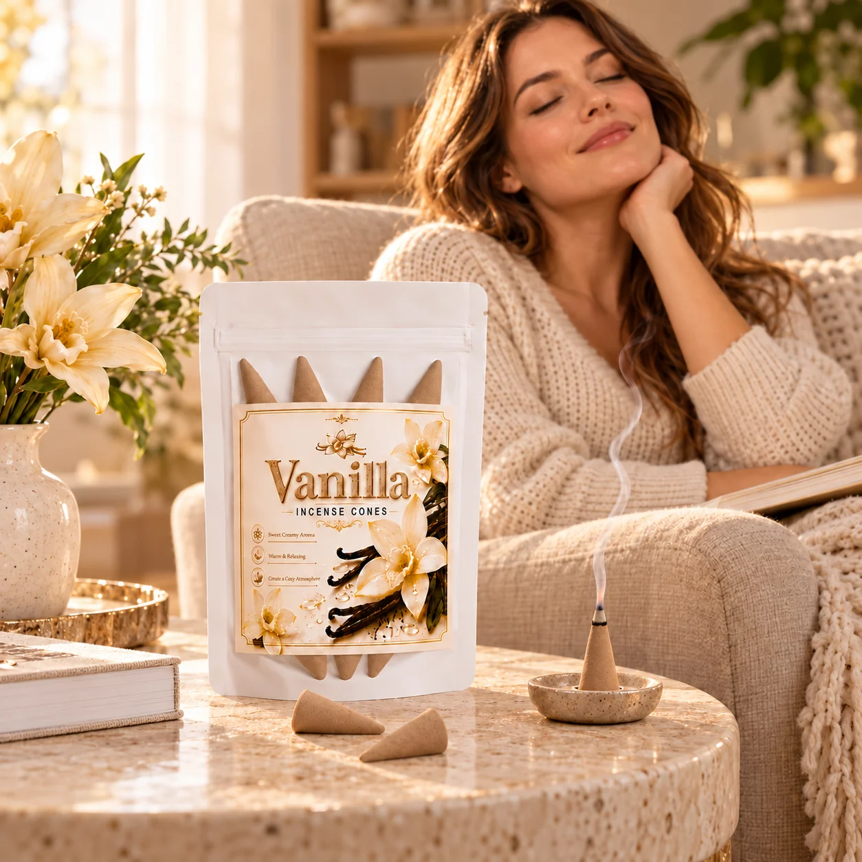 Vanilla Incense Cones, Natural and Handmade, Long-Lasting and Slow-Burning, Warm and Sweet Fragrance for Relaxation and Sleep, Cozy Home Fragrance, Yoga Meditation, Indoor and Outdoor Use