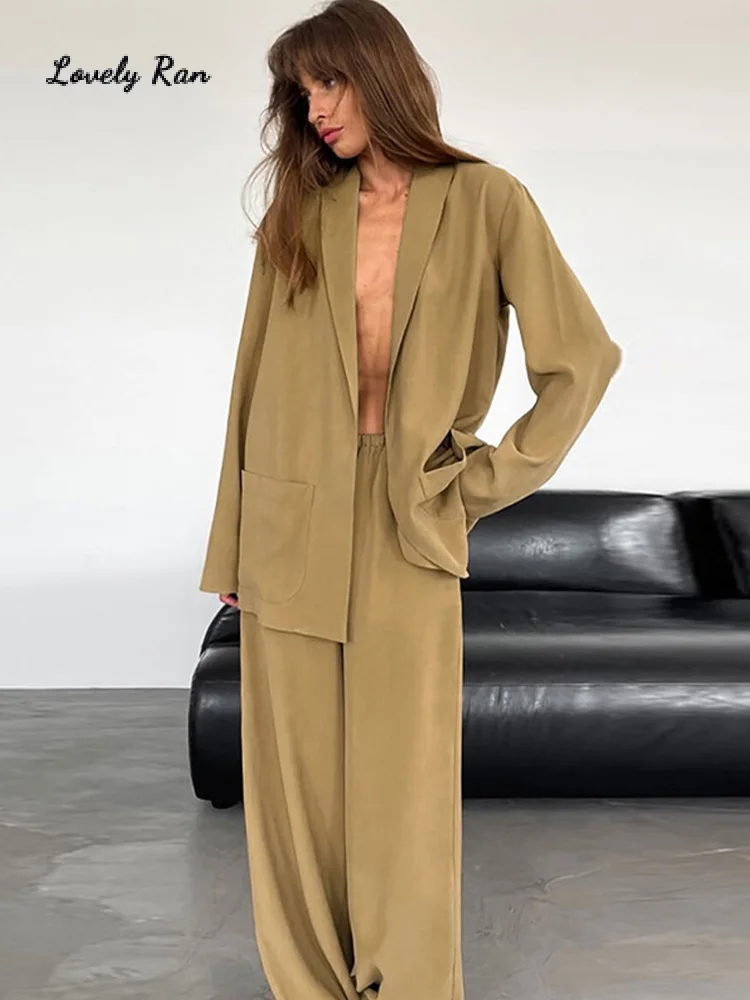 

Solid Lace Up Pleated Women Coat Sets Wide Leg Elastic Waist Pants Set Lady 2024 Autumn Winter Lapel Belt Female Top Suit