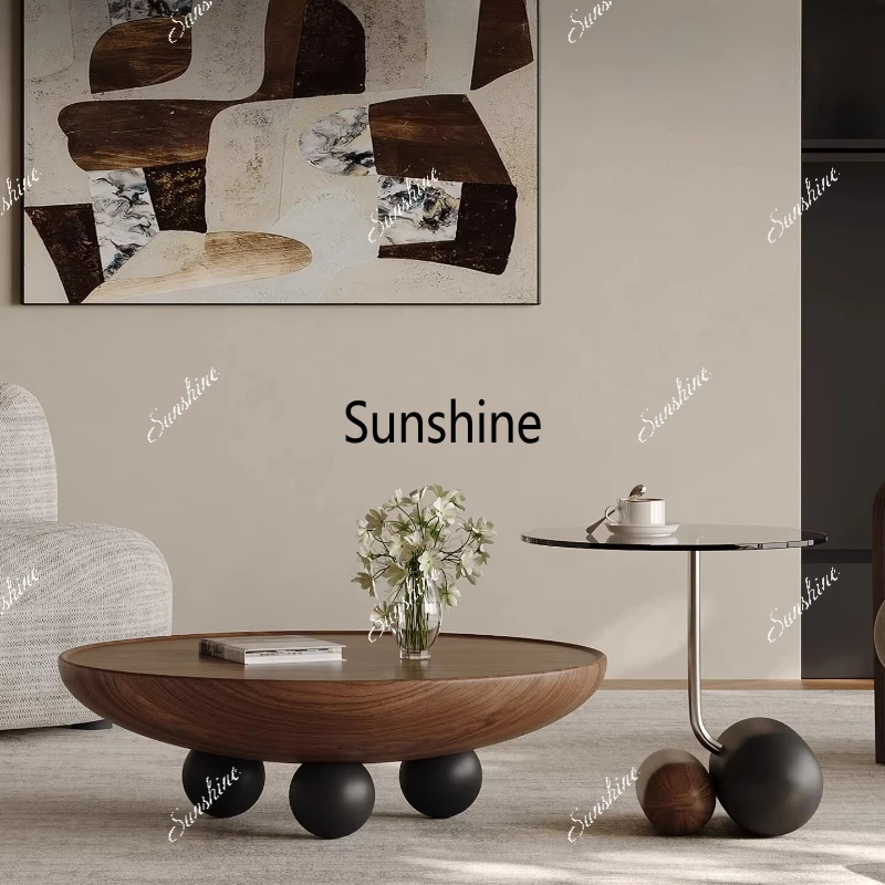 

Combination of medieval coffee table round living room solid wood light luxury high-end coffee table