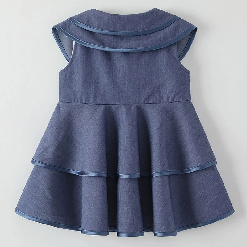 22025 Summer Girls Boutique Clothes Korean Fashion Cute Doll Collar Sleeveless Denim Blue Princess Kids Dress Baby Dresses B016