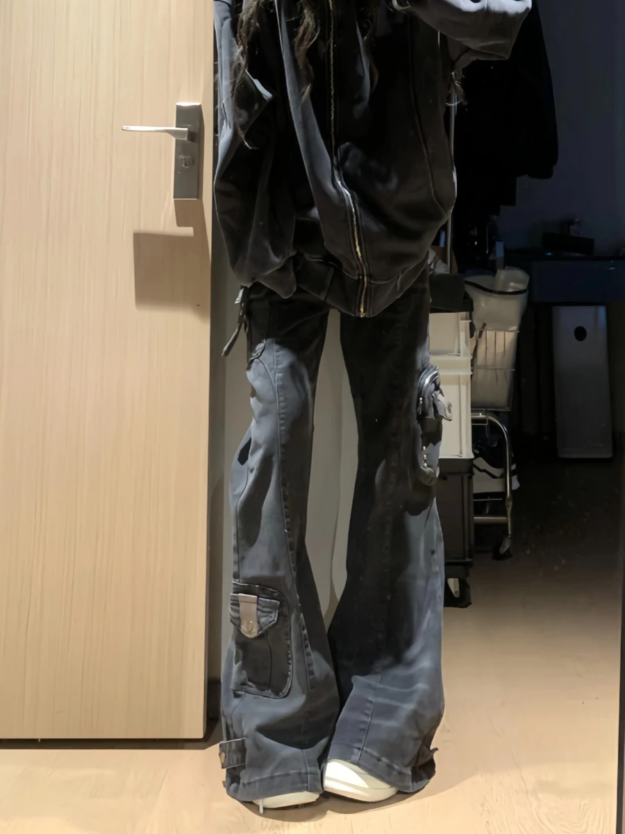 Dames Flare Cargo Jeans Harajuku Japanse laagbouw denim broek Abi Y2k Bell Bottom Amerikaanse Retro High Street Dark Academia