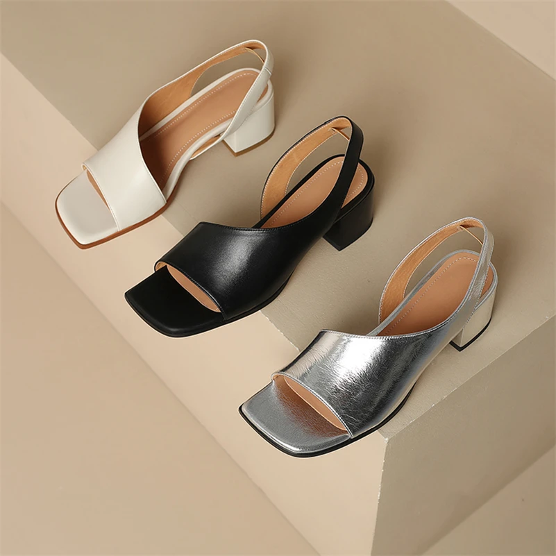 Meotina Women Genuine Leather Sandals Square Toe Block Mid Heels Sheepskin Ladies Fashion Casual Shoes Summer Silver Black Beige