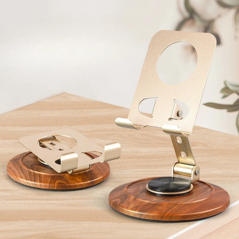 

360 ° Вращающаяся металлическая подставка для телефона с деревянным основанием, универсальный держатель для планшета, портативная многоугольная настольная док-станция для офиса и дома