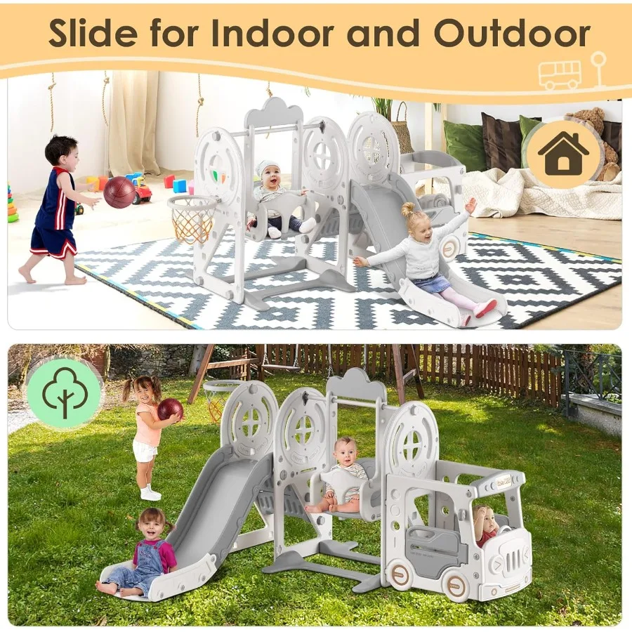 5 in 1 Toddler Slide and Swing Set Baby Slide for Toddlers Age 13 Bus Themed Toddler Playset with Basketball Hoop Indoor Outdoo