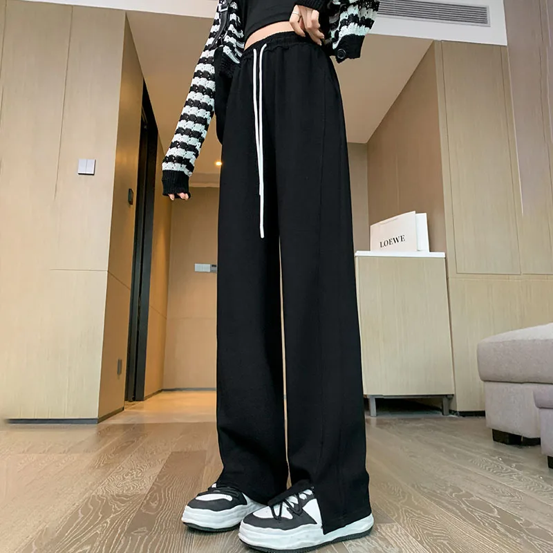 New Women\'S Fashion Versatile Side Split Wide Leg Pants Autumn Winter Female High Waist Draping Straight Slender Casual Trousers