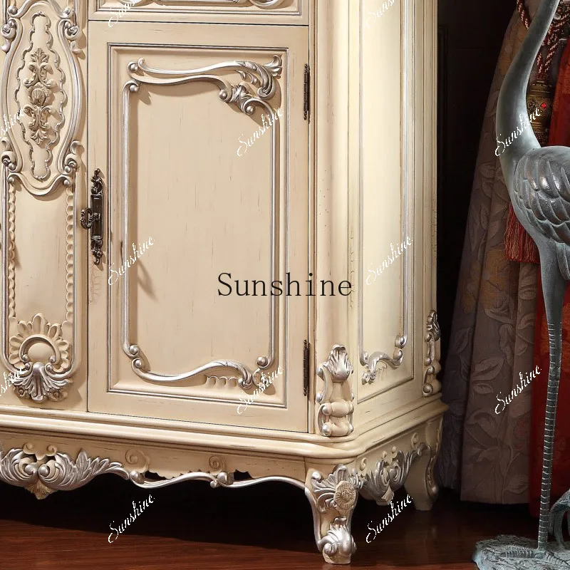European solid wood shoe cabinet foyer white engraved drawing silver storage porch side cabinet  FT