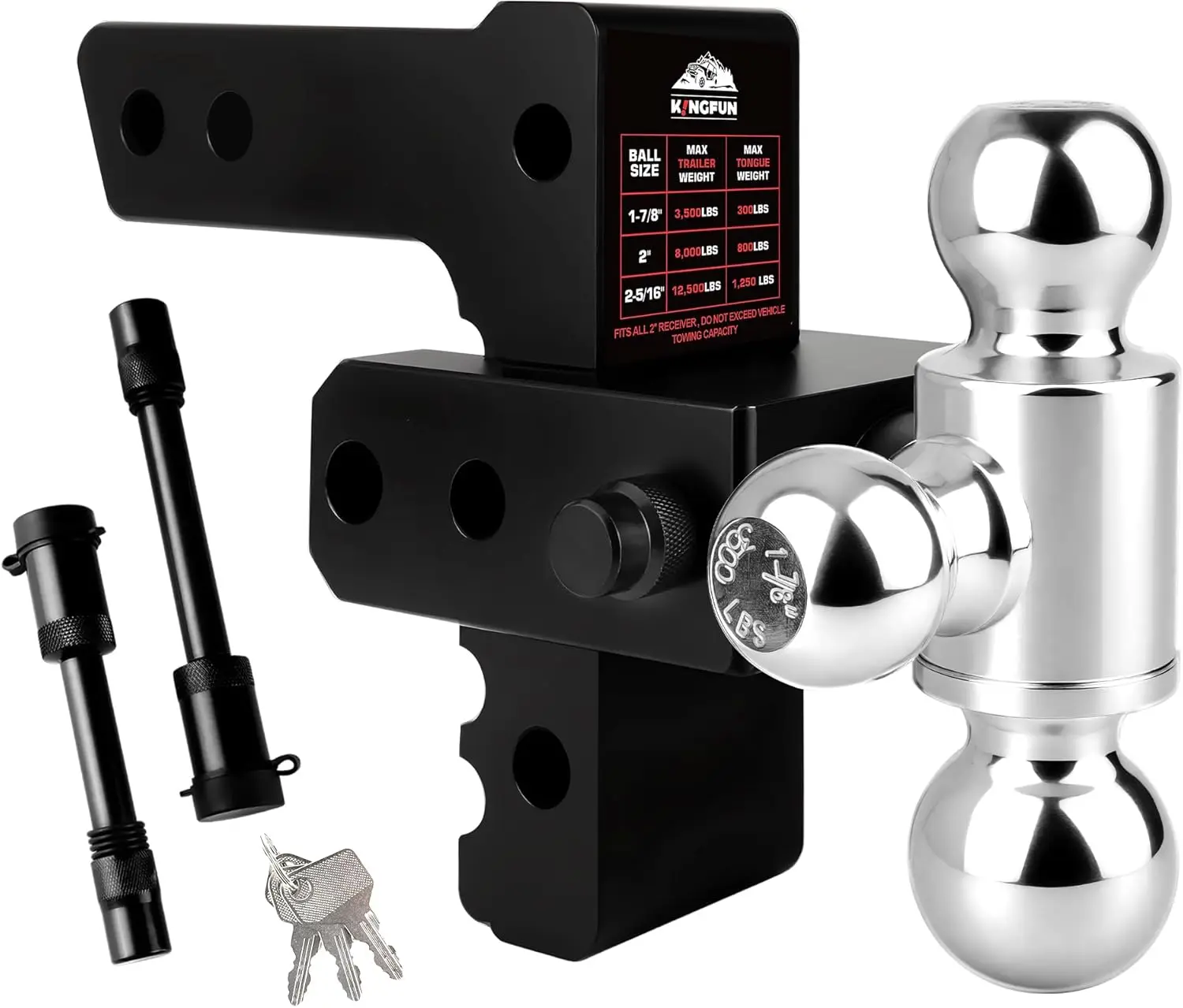 

Adjustable Tri-Ball Trailer Hitch for 2" Receiver - 12500 Lbs GTW Heavy Duty Aluminum Tow Hitch with Anti-Theft Pins (Black)