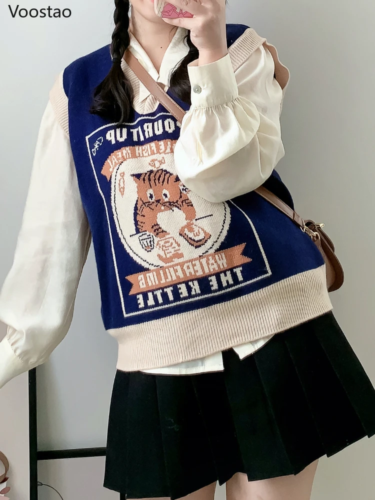 Japanese Sweater Vest Women Kawaii Cat Waistcoat Streetwear Knitted Chic Jumper Fashion Preppy Style All-match Harajuku Y2k Vest