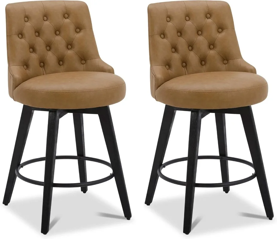 

Modern Swivel Bar Stools Faux Leather Upholstered Counter Height Bar Stools with Back Solid Wood Legs 26" H Seat Set of 2 Cognac