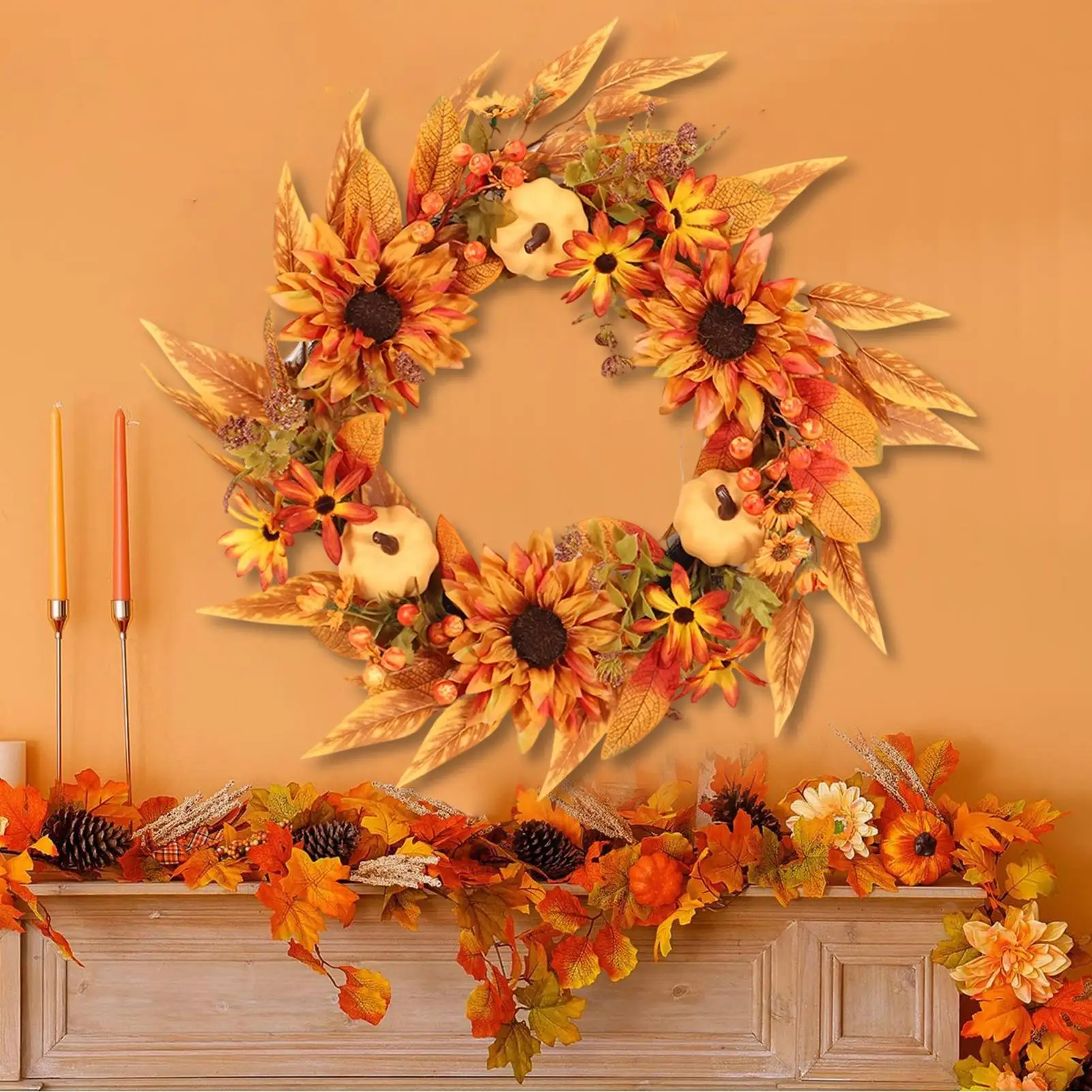 45cm Autumn Wreath Pendant Harvest Festival Maple Leaves Pumpkin Wreath Door Hanging Simulation Wreath Thanksgiving decor
