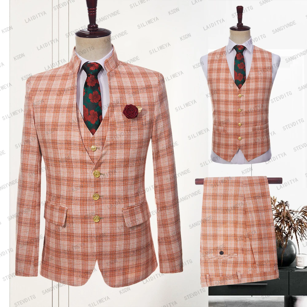 2023 New High-end Brand Men's Set Business Casual Orange Classic Plaid Linen Men Suit Wedding Party 3 Piece （Jacket+Pants+Vest）