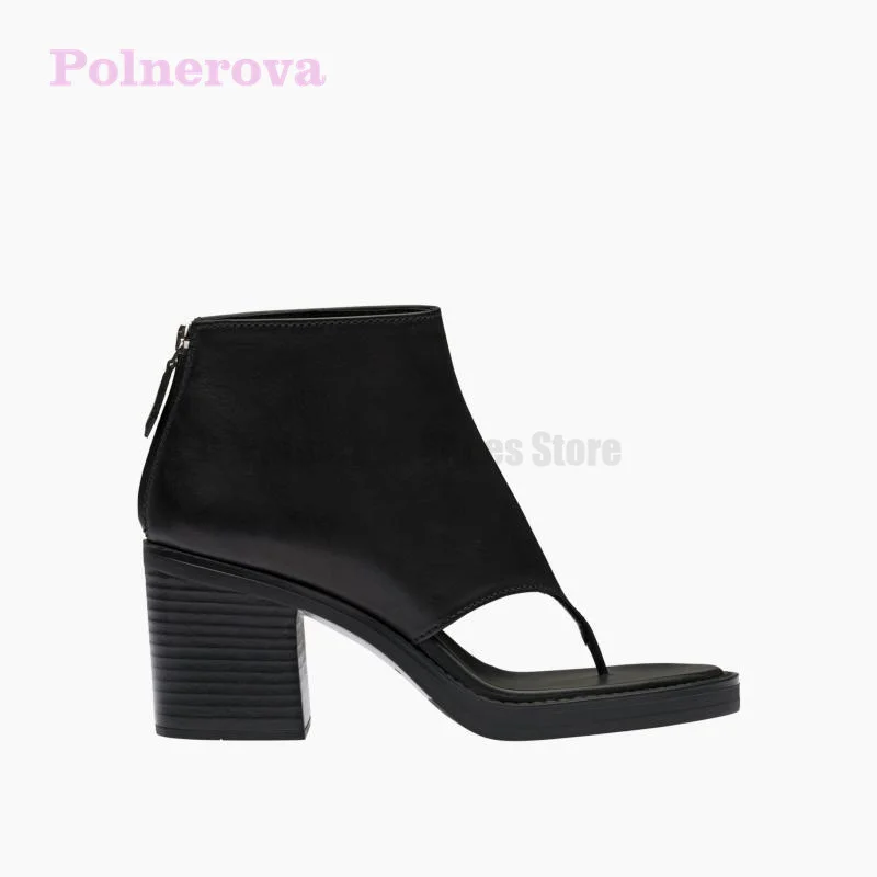 

Summer Black High Heel Flip-Flop Boots for Women Back Zipper Ankle Booties New Round Toe Roman Sandals with Thick Heel Shoes