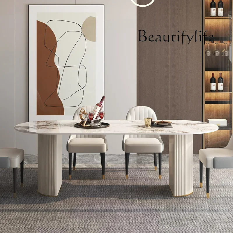 

Italian light luxury rock slab dining table small apartment Nordic modern simple combination rectangular semi-round model