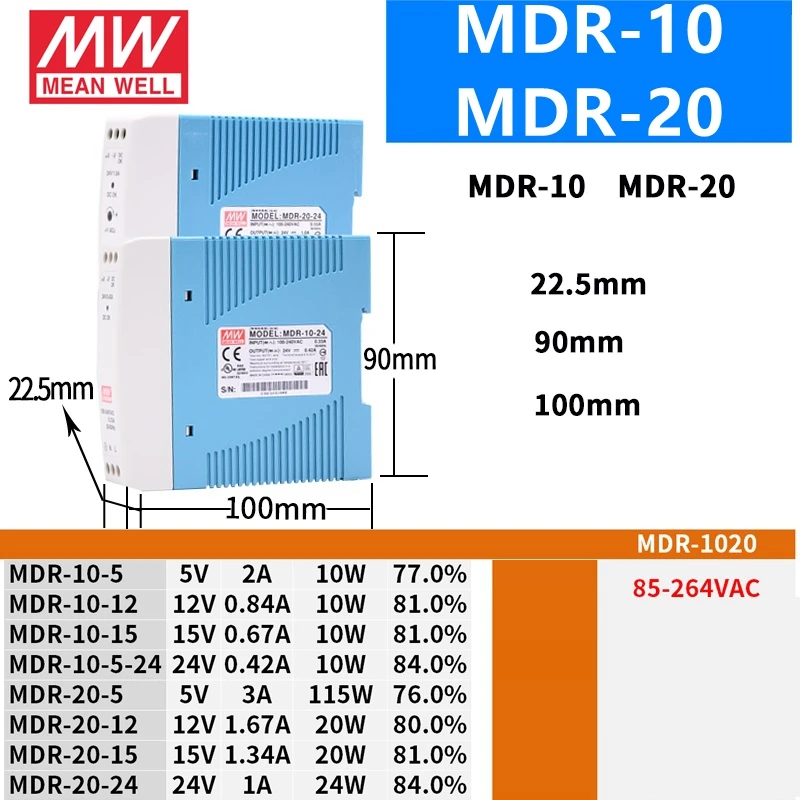 يعني جيدا MDR-10 20 40 60 100 - 5 12 15 24 48 ميانويل MDR -10 -20 -40 -60 -100 واط 5 12 15 24 48 فولت الناتج الصناعي DIN السكك الحديدية