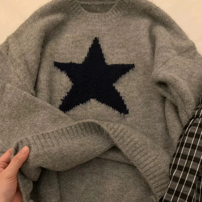 Gray Autumn Pullovers Women Simple Vintage Star Print Japanese Style Soft Lazy O-neck Casual Sueter Mujer All-match Knitted Chic