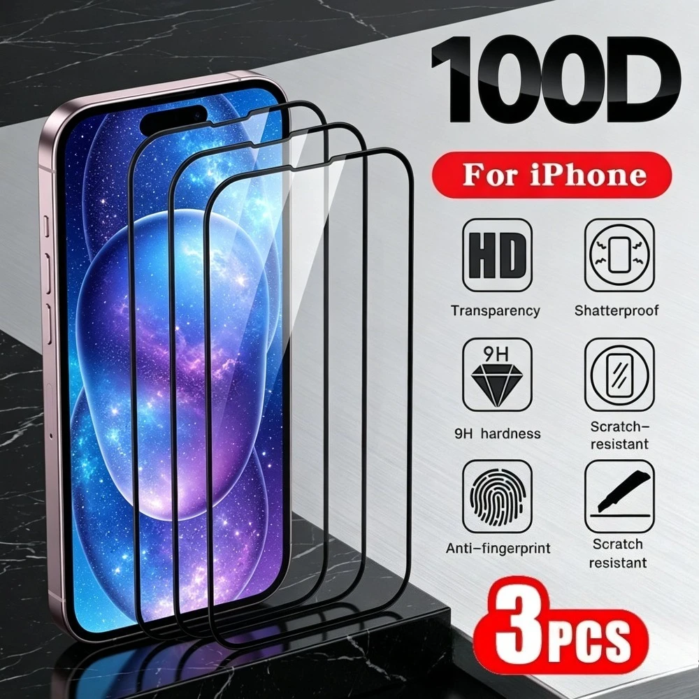 

3Pcs Full Cover Tempered Glass for iPhone 17 16 15 14 Pro Max Air 16e 17e Screen Protector for iPhone 13 12 11 Pro 15 14 Plus