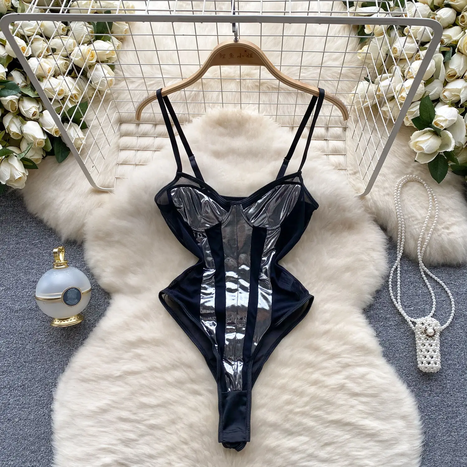 

Foamlina New Hot Sexy Transparent Mesh Jumpsuit for Women Fashion Spaghetti Strap Sleeveless Skinny Elasticity Striped Bodysuits