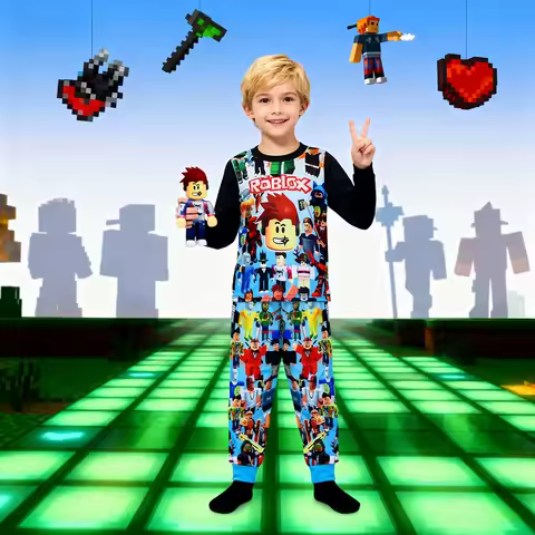 Hot ROBLOX Game Cute Cartoon Digital Print Long-sleeved Two-piece Pajamas and Pajama Pants 120-170cm Children's Pajamas