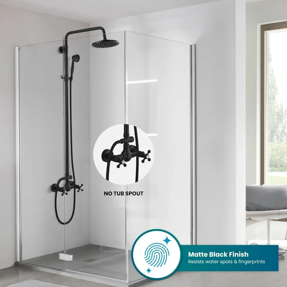 Rain Shower System Set, 2 Cross Knobs Mixing, 8 Inch Rainfall Shower Head with Handheld Spray, Bathroom Wall Mounted Shower Head