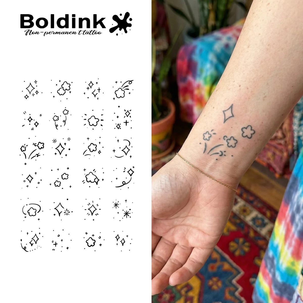 BOLDINK Minimalist Line Flower & Star Moisturizing Tattoo Sticker Unisex Fashion Design Easy Apply Waterproof Lasts 1-2 Week