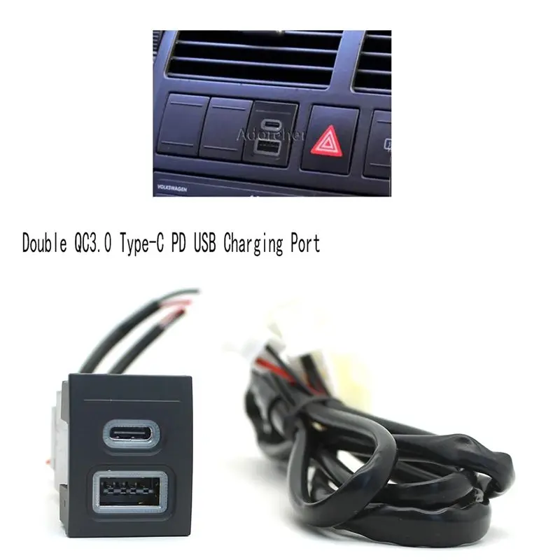 A01K-12V/24V Car Phone Socket Double QC3.0 Type-C PD USB Charging Port Power Adapter For VW Polo 9N 9N3 2004-2011 Car Pa