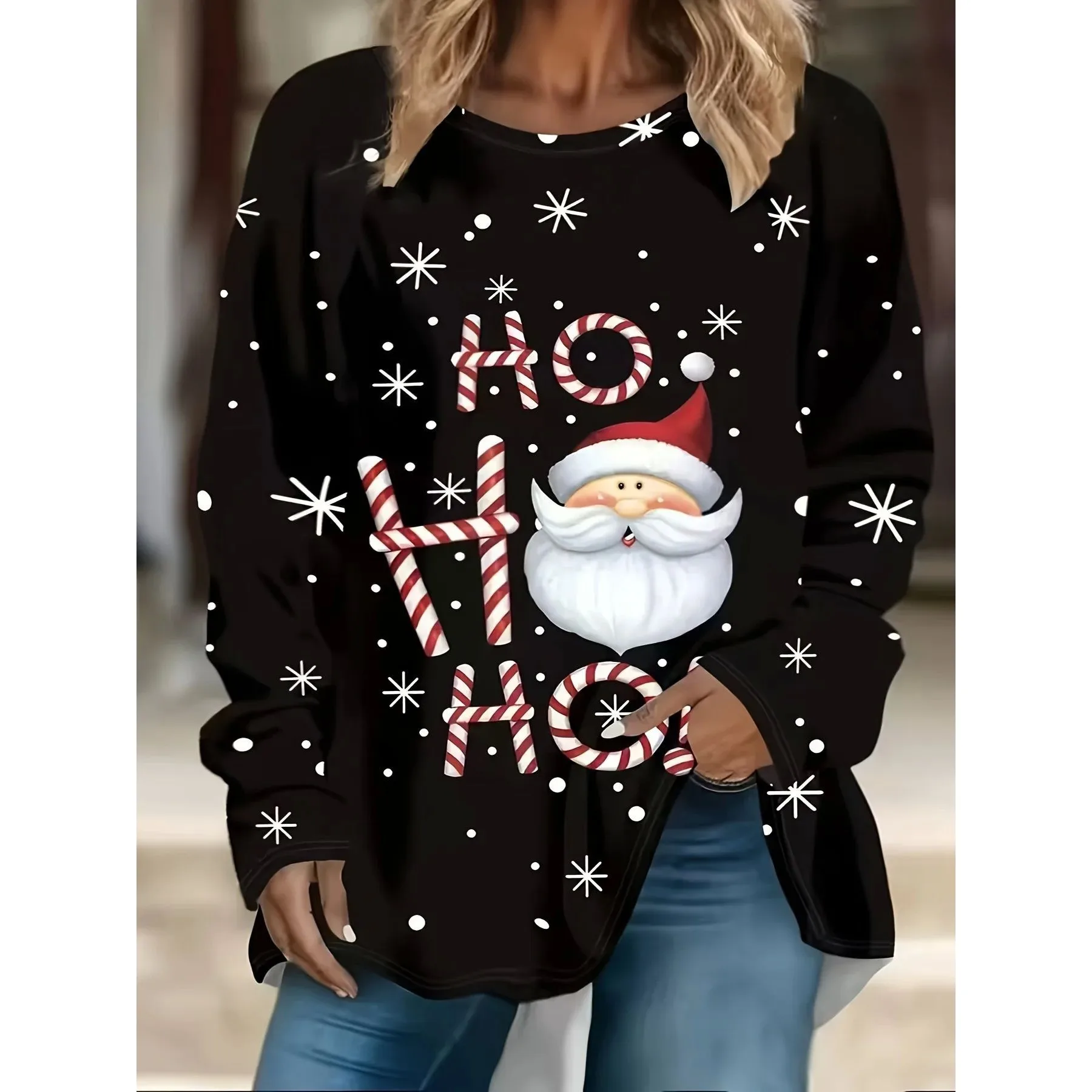 2024 New plus Size Women's S Claus Print Casual Long Sve Clothing Pear ape Fit Other Material 00% Winter Wear