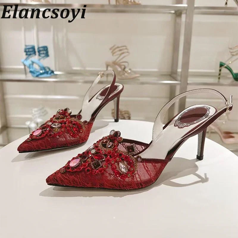 

New Pointed Toe Lace Gauze Sandals Women Rhinestone Decor Thin High Heels Sandalias Summer Party Dress Shoes Wedding Shoes Pumps