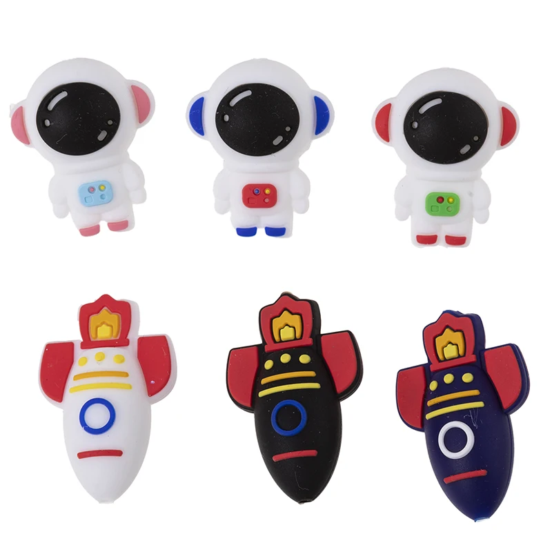 6pcs Cartoon Silicone Beads Astronaut Rocket Baby Beads Food Grade Focal Teether Bead DIY Pacifier Chain Accessories