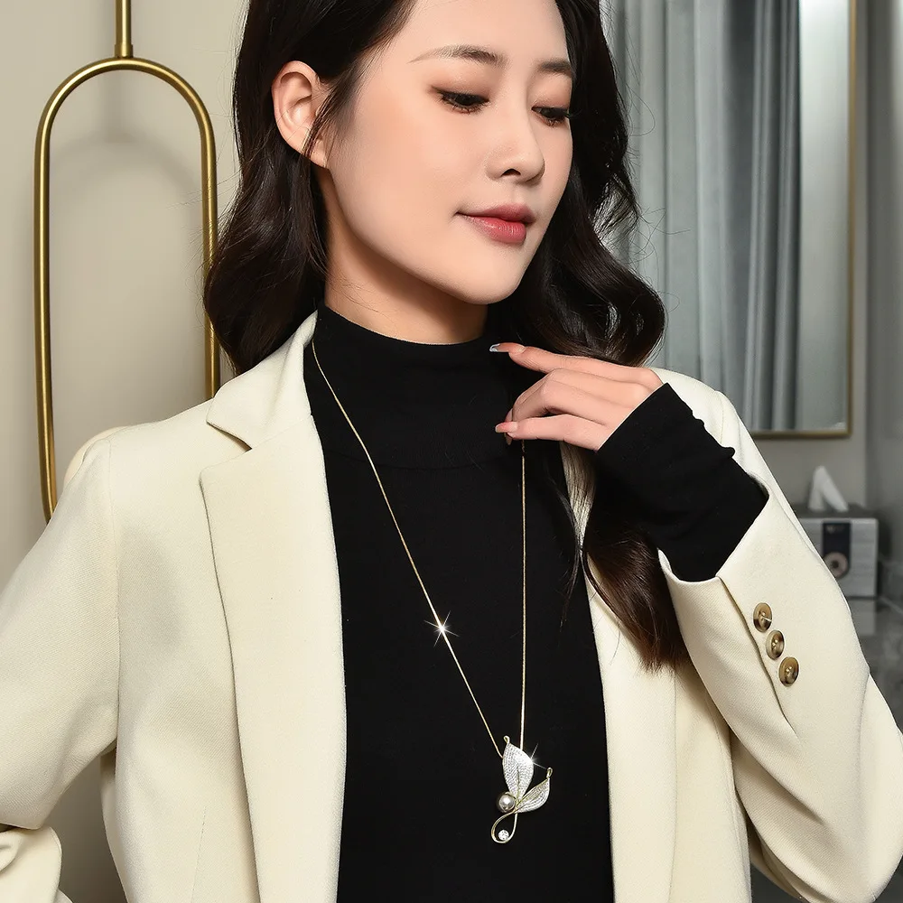 دبابيس سترة محبوكة راقية، أوراق سلسلة، قلادات، قلادات طويلة للنساء