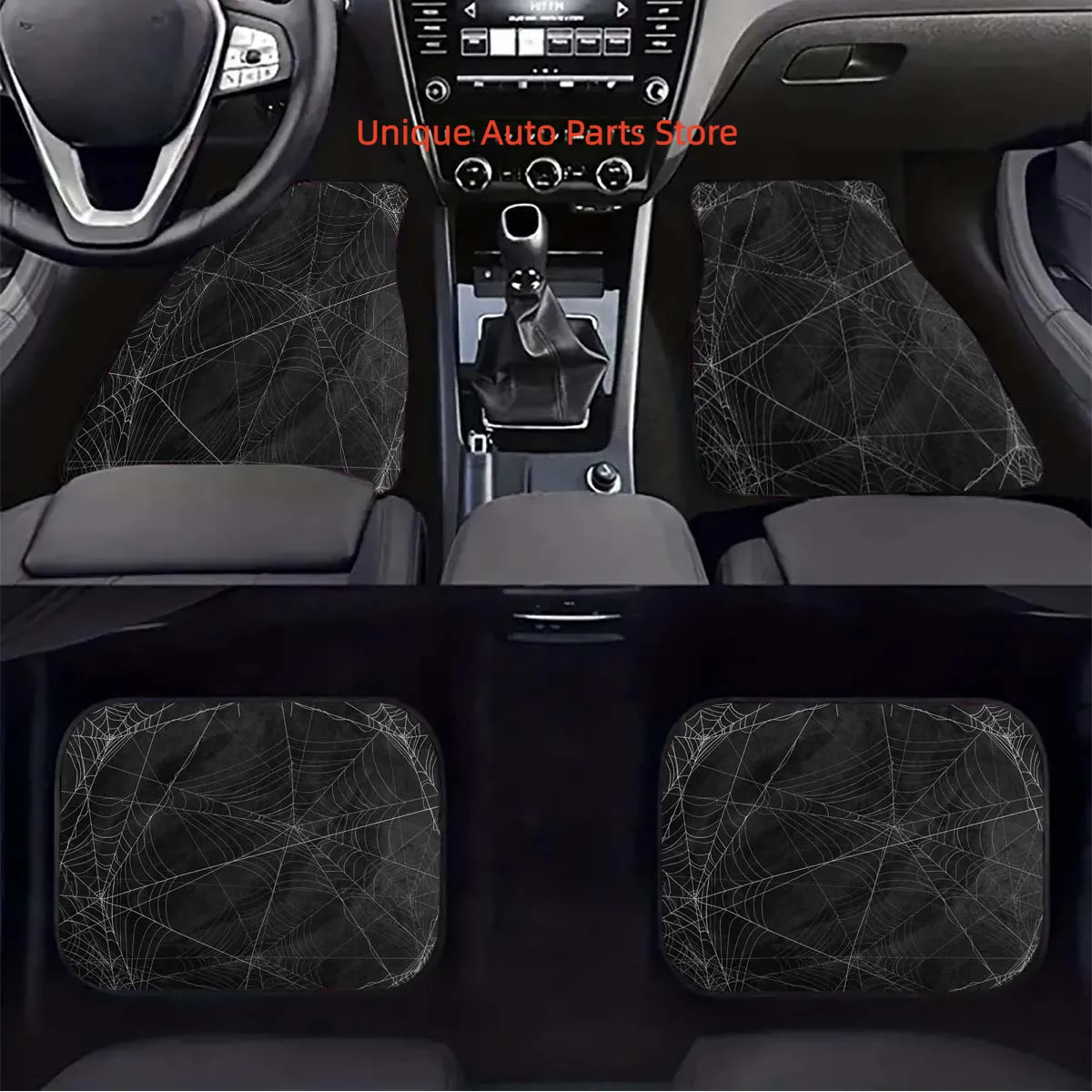 4pcs Spider Web Halloween Abstract Black Print Black Car Floor Mats, Universal, Car Accessories, Car Floor Mats