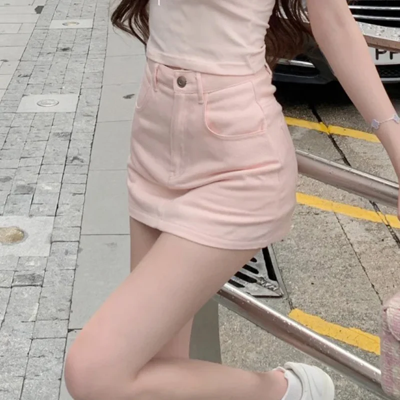 Summer Korean Pink Denim Skirt Women 2025 High Waist Bodycon Skirts for Woman Fashion Pocket Slimming Mini Skirt with Shorts