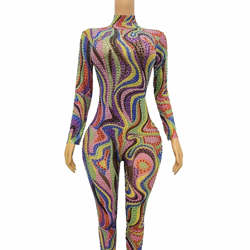 Crystals Dress Stage Sexy Costume Sparkly Colorful Rhinestones Stretch Jumpsuit Evening Birthday Celebrate Bodysuit Outfit