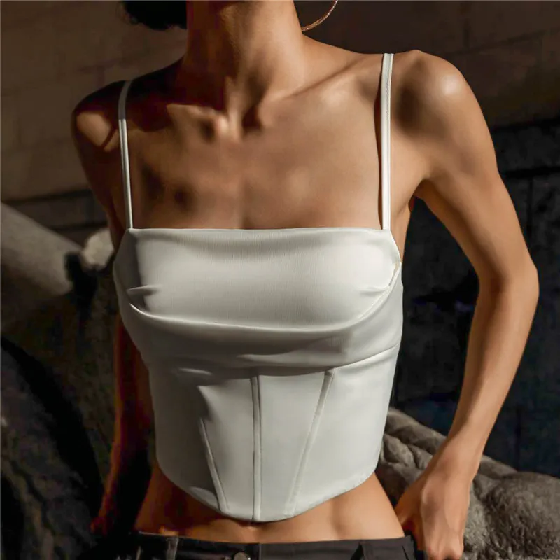 Women Elegant Satin Tank Top French White Tops Hot Sale Corset Crop Top Summer Chic Sexy Sleeveless Bustier Slim Halter Camisole