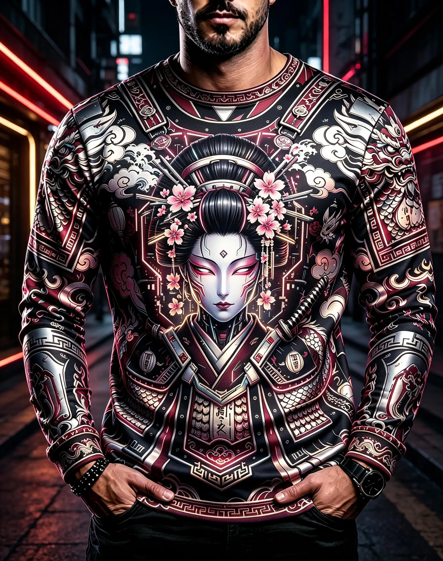 Oriental Cyberpunk Geisha Sakura Dragon Print Men Long Sleeve T-shirt, Japanese Art Street Daily Casual Wear Top