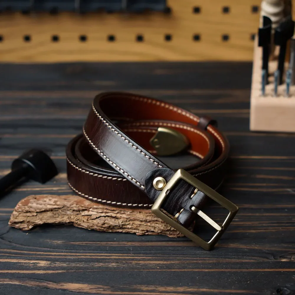 Retro Style Double-sided 5.5MM Thickness Leather Stitched Belt with Solid Brass Buckle 3.3CM Width Narrow Version