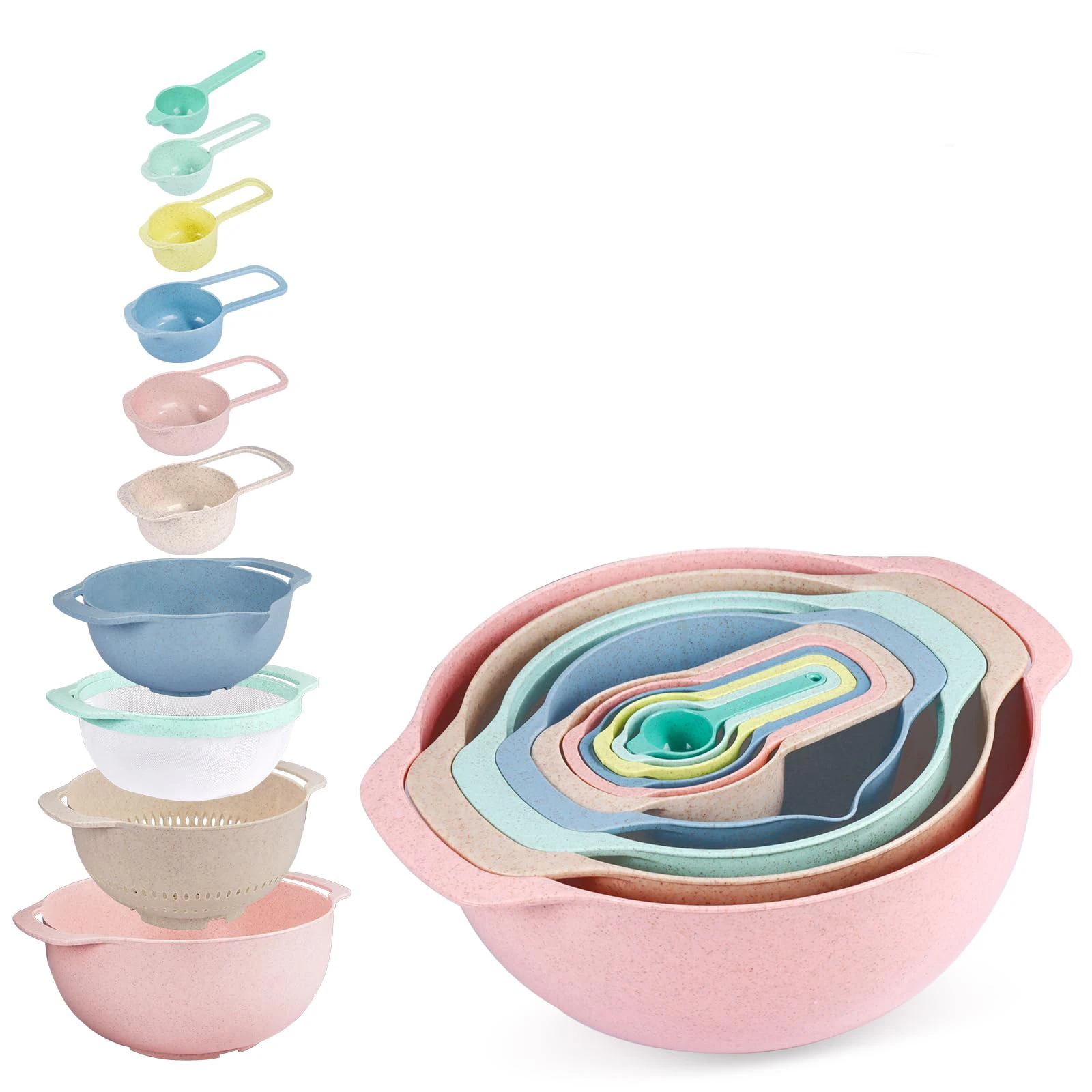 10pcs/set Plastic Mixing Bowls Set with Measuring Spoon, Colorful Serving Bowls for Kitchen, Ideal for Baking, Prepping