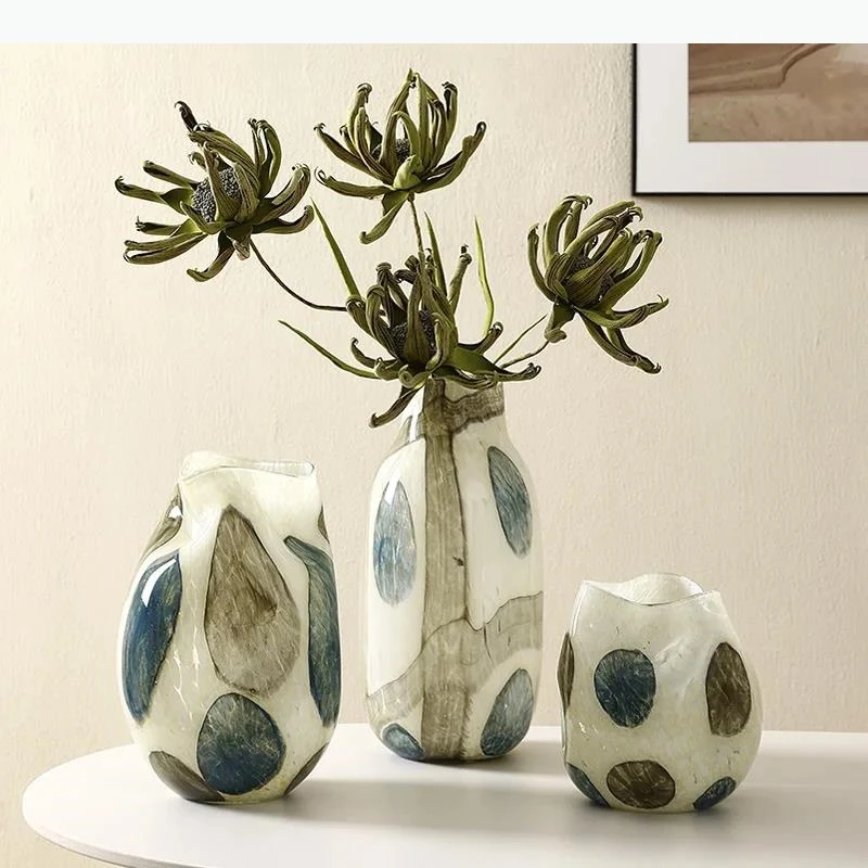Blue and Green Markings Grid Spot Glass Vase Pebble Flower Vase Floral Arrangement Accessories Terrarium Home Decoration