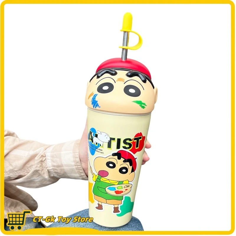 600ml Crayon Genuine Shin Chan Cup Thermal Insulation Bottle Cartoon Large-Capacity Desktop Straw Cup With Straw Birthday Gifts