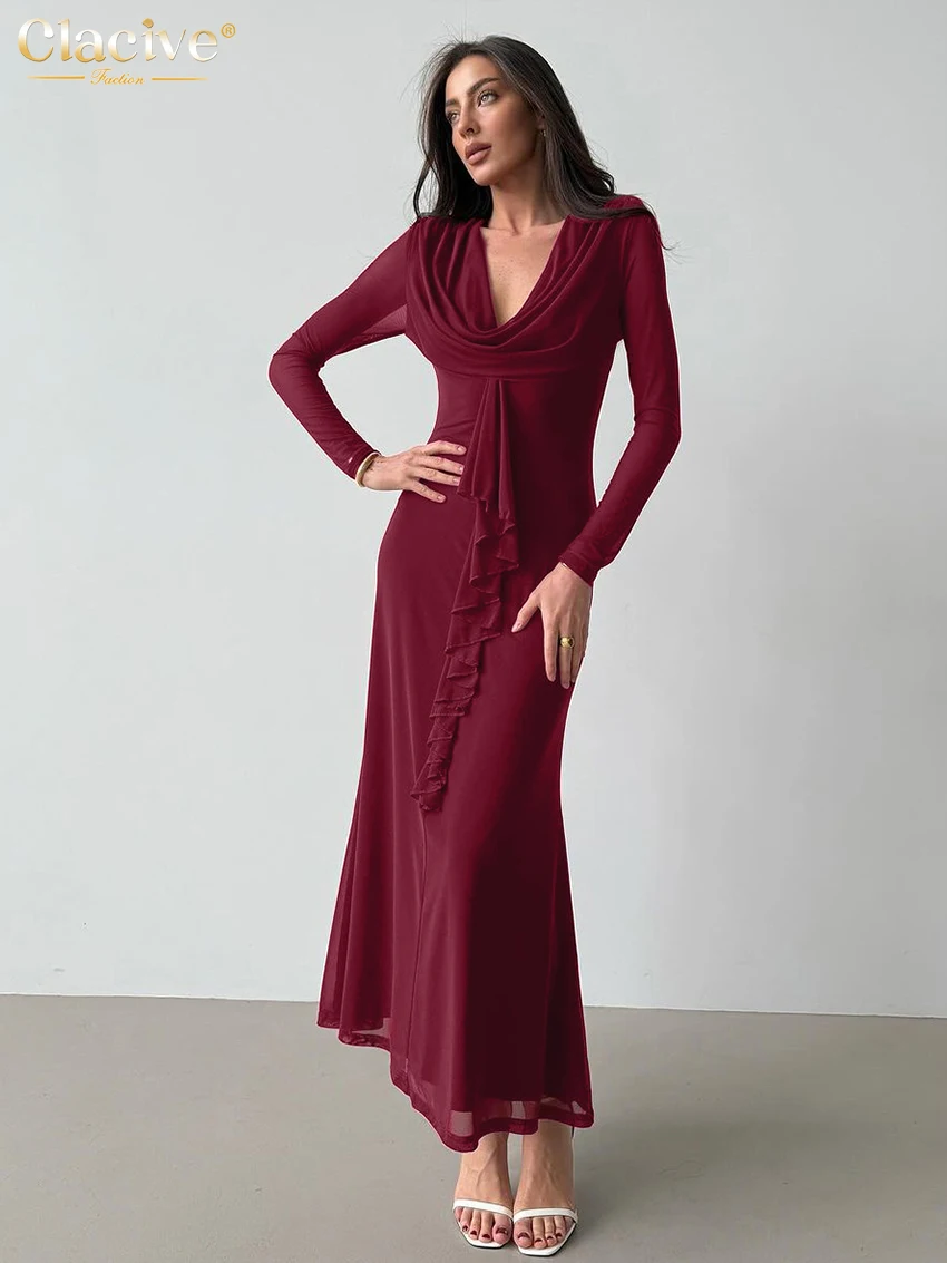 

Clacive Fashion Loose Red Knitted Women's Dress 2025 Sexy V-Neck Long Sleeve Ankle Length Dresses Elegant Classic Female Dress